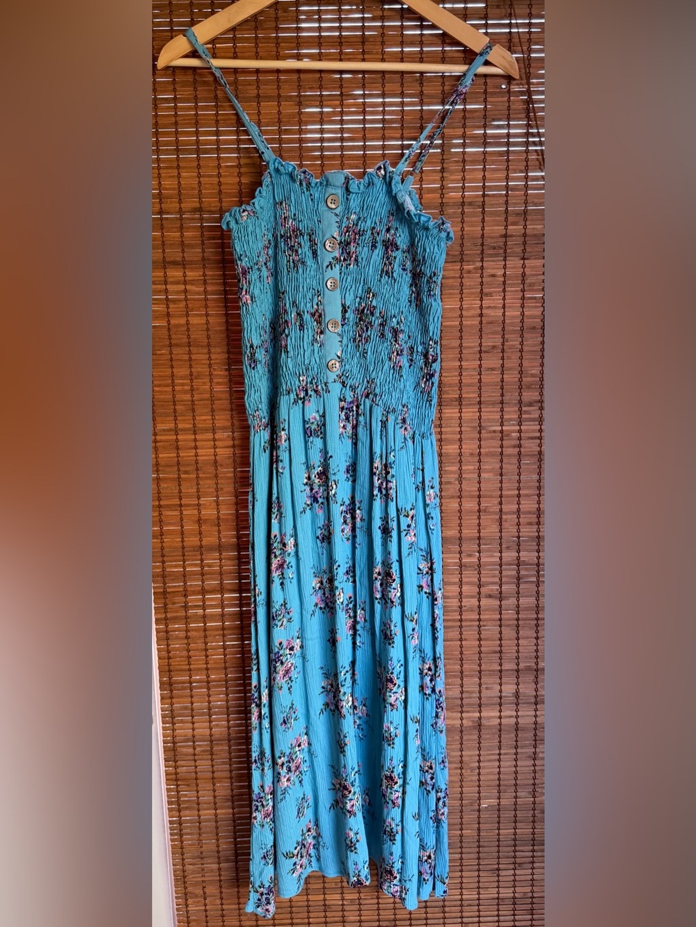 Vintage Angie Turquoise Floral Smocked Cottagecore Midi Dress M - Picture 2 of 9